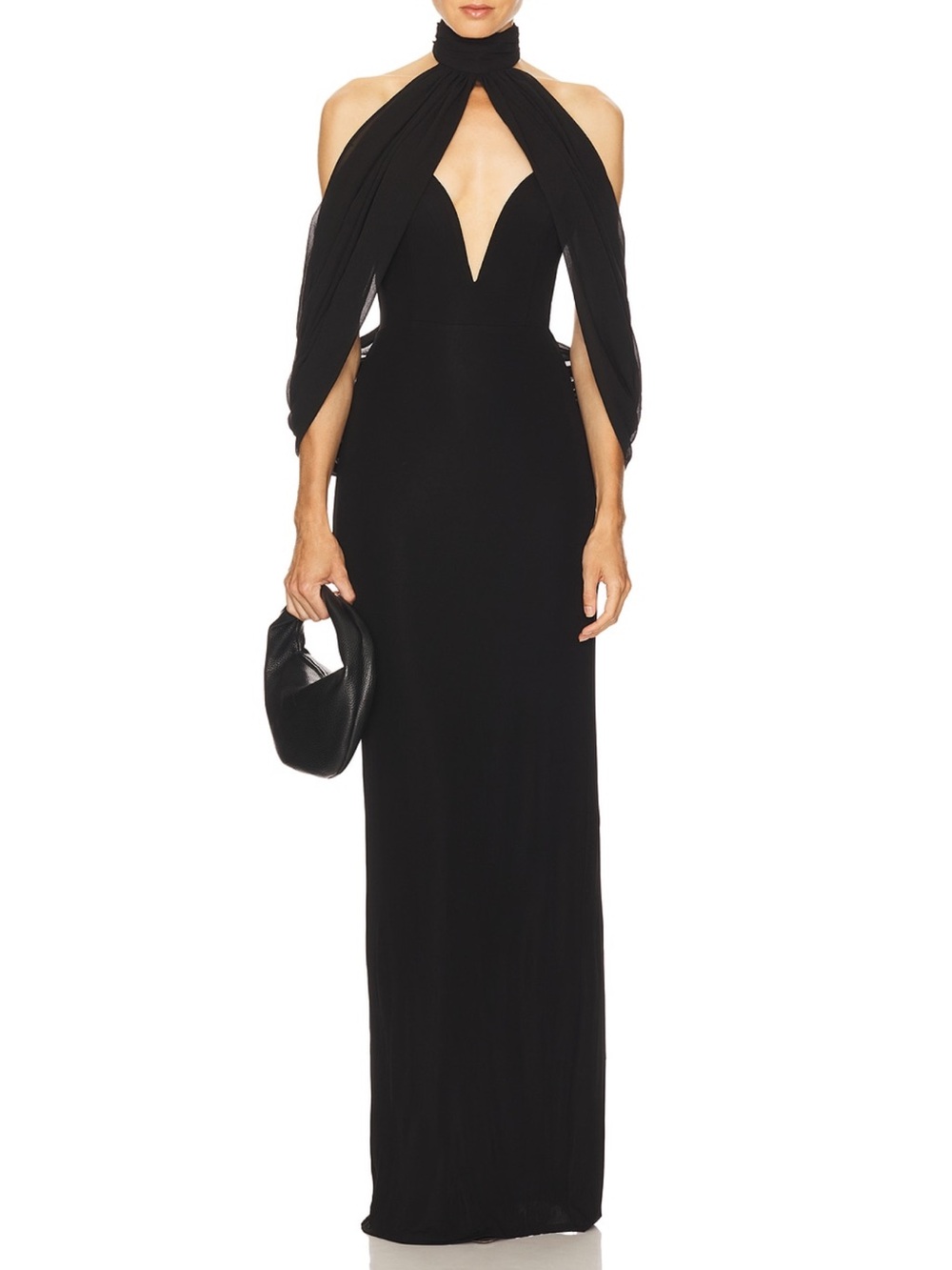 Michael Costello Black Halter Maxi with Draped Shoulder Panels